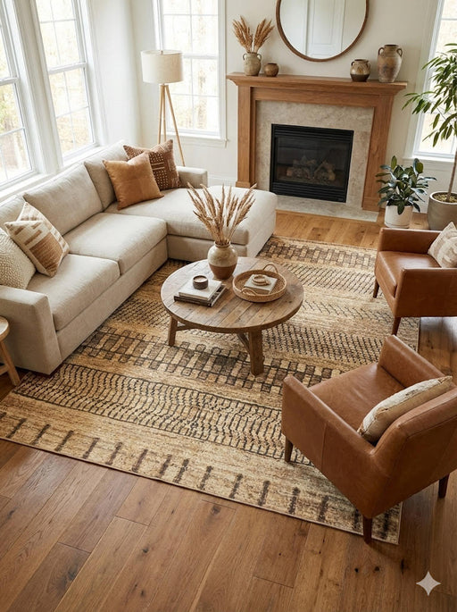 8' x 8' square beige and brown distressed geometric washable area rug styled in a cozy living room with a neutral sectional sofa, leather accent chair, and wood coffee table.