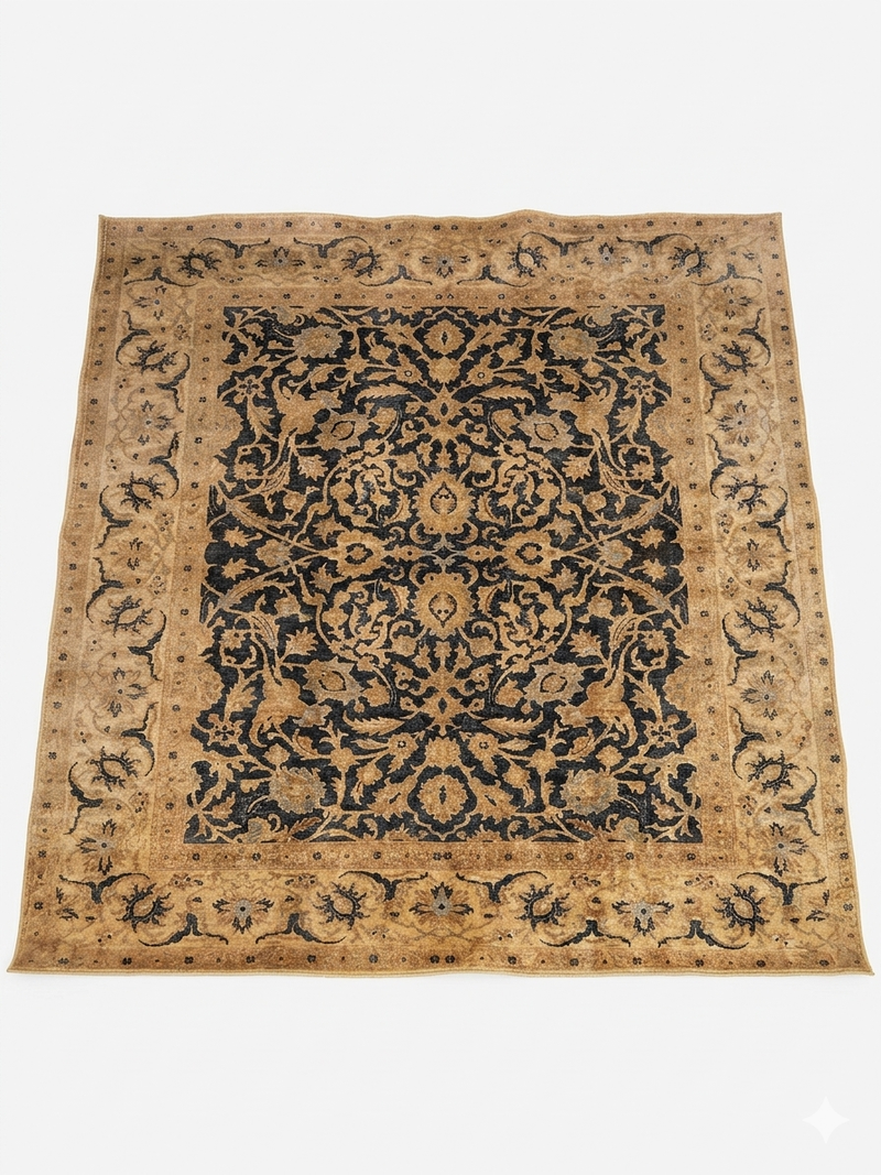 8' x 8' square gold & black floral medallion traditional area rug isolated on a white background.