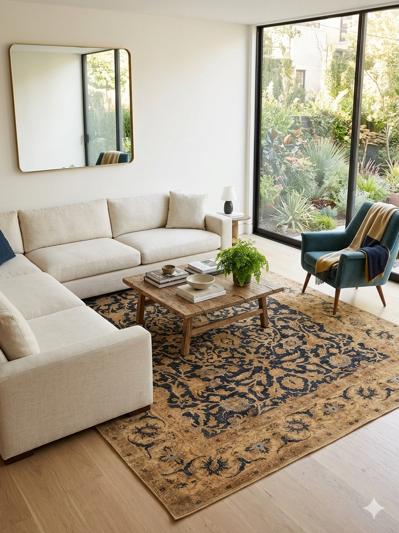 8' x 8' square gold & black floral medallion traditional area rug placed in a bright living room with a neutral sofa, wood coffee table, and large windows.