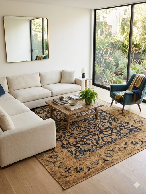 8' x 8' square gold & black floral medallion traditional area rug placed in a bright living room with a neutral sofa, wood coffee table, and large windows.