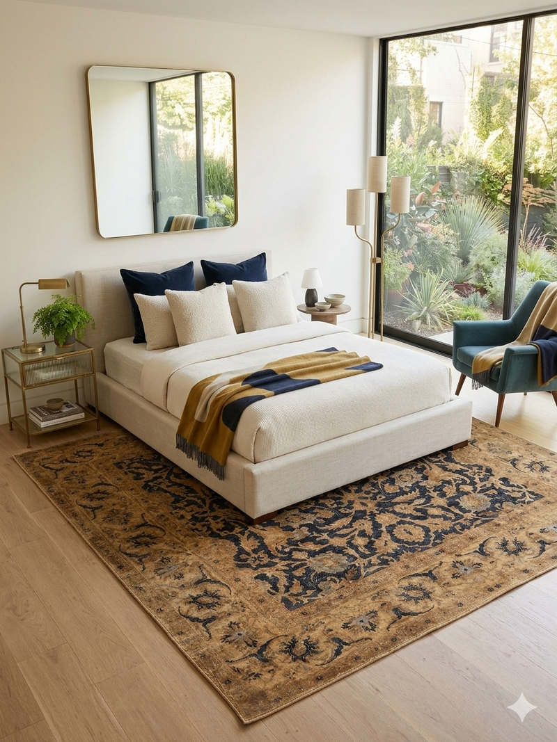 8' x 8' square gold & black floral medallion traditional area rug styled in a bedroom with a light upholstered bed, soft bedding, and natural light.