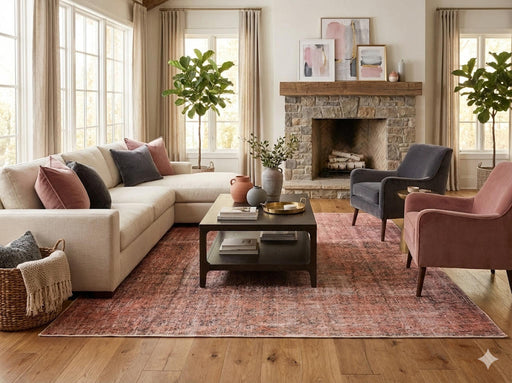 8' x 8' square rose pink and beige distressed vintage washable area rug styled in a bright living room with a neutral sectional sofa, accent chairs, and a wood coffee table.
