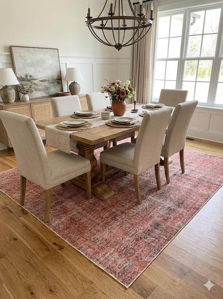8' x 8' square rose pink distressed modern vintage washable area rug placed beneath a wooden dining table with upholstered chairs in a bright dining space.