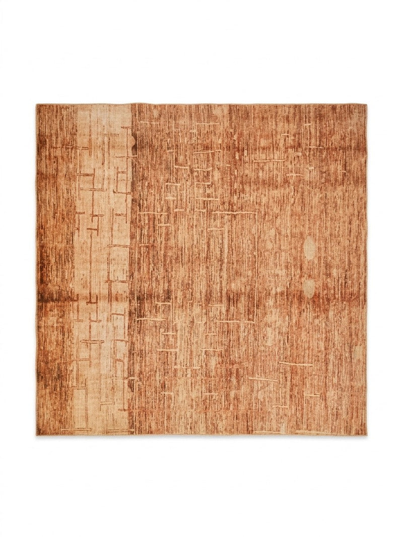 8' x 8' square terracotta & beige textured abstract modern area rug isolated on a white background.