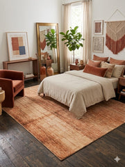 8' x 8' square terracotta & beige textured abstract modern area rug placed in a cozy living room with contemporary furniture and terracotta décor.