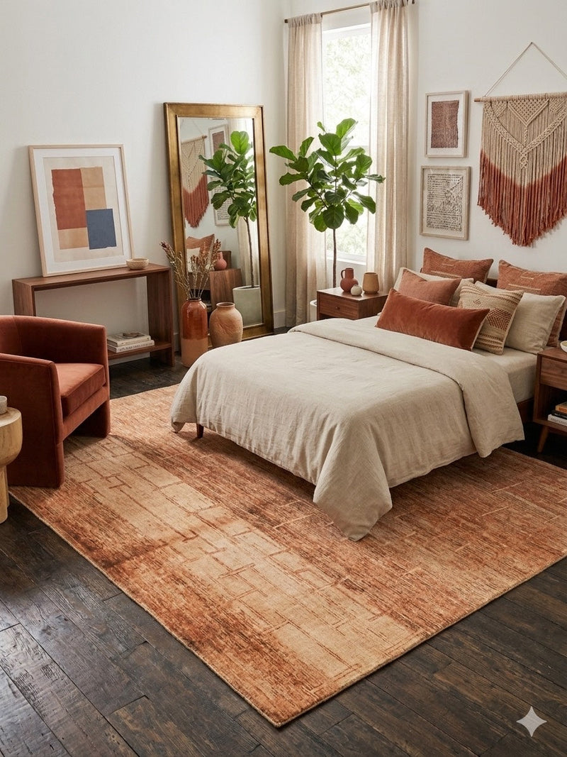 8' x 8' square terracotta & beige textured abstract modern area rug placed in a cozy living room with contemporary furniture and terracotta décor.