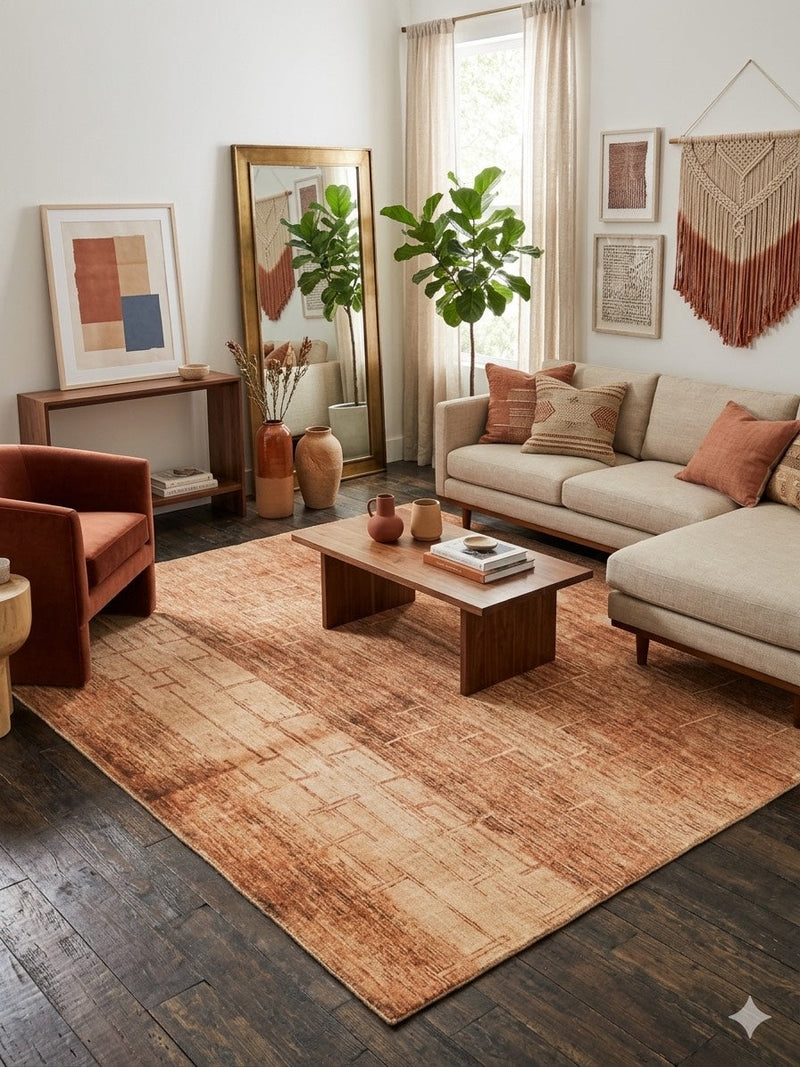 8' x 8' square terracotta & beige textured abstract modern area rug styled in a warm bohemian bedroom with earthy accents and neutral bedding.