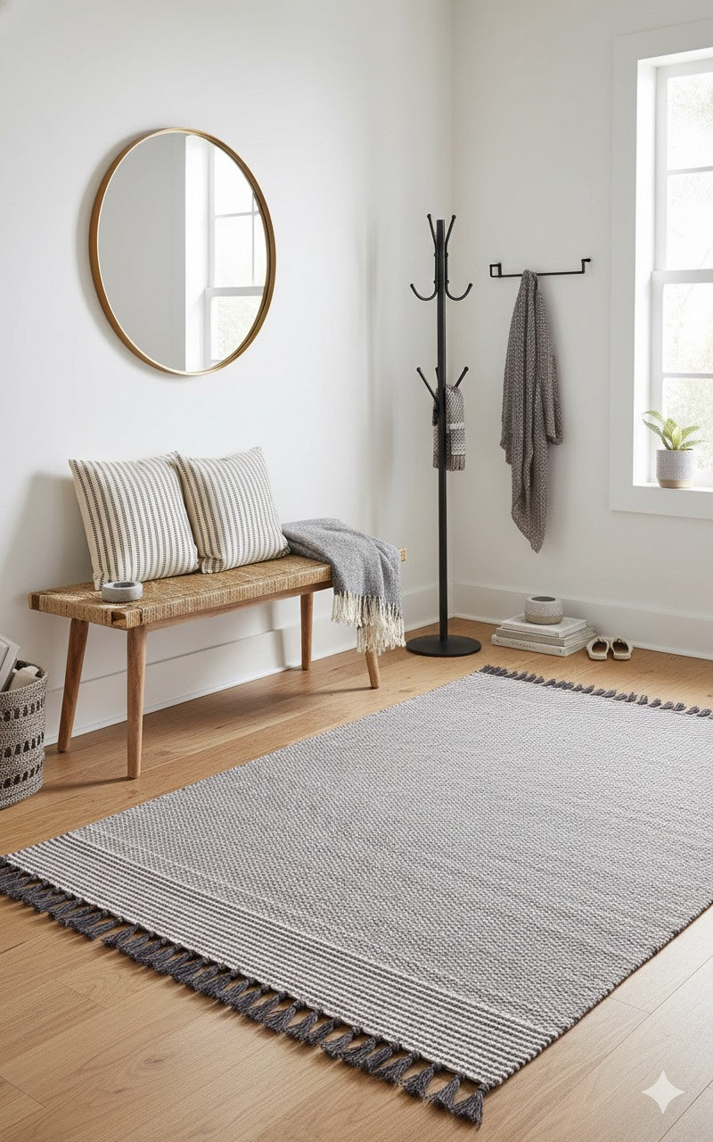 5' x 7' Railroad Gray Textured Border Stripe Area Rug