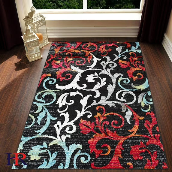 5' x 7' Turquoise/Ivory/Orange/Red/Black -Faded, Allover Floral Distressed Area Rug Swirls Area Rug Abstract, Floral Area Rug