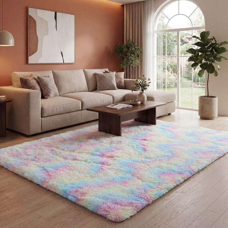 8x10 Feet Shaggy Fuzzy Rug for Kids, Soft Plush Vafodo Fluffy Bedroom Carpet, Nursery Area for Baby, Tie-Dye Rainbow Living Room, Cute Decor for Girls Boys