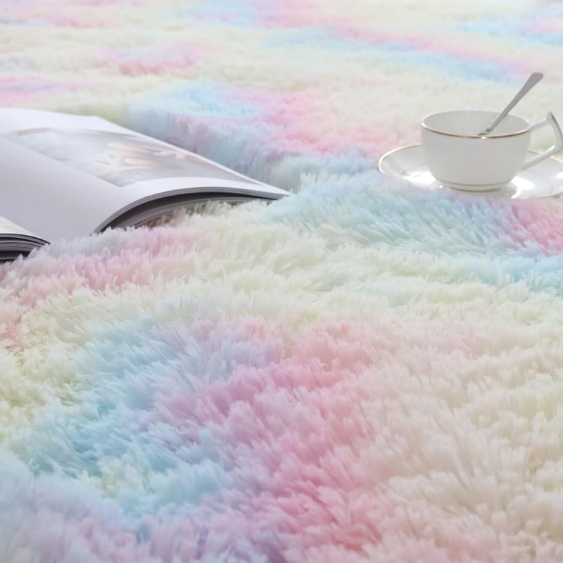 8x10 Feet Shaggy Fuzzy Rug for Kids, Soft Plush Vafodo Fluffy Bedroom Carpet, Nursery Area for Baby, Tie-Dye Rainbow Living Room, Cute Decor for Girls Boys