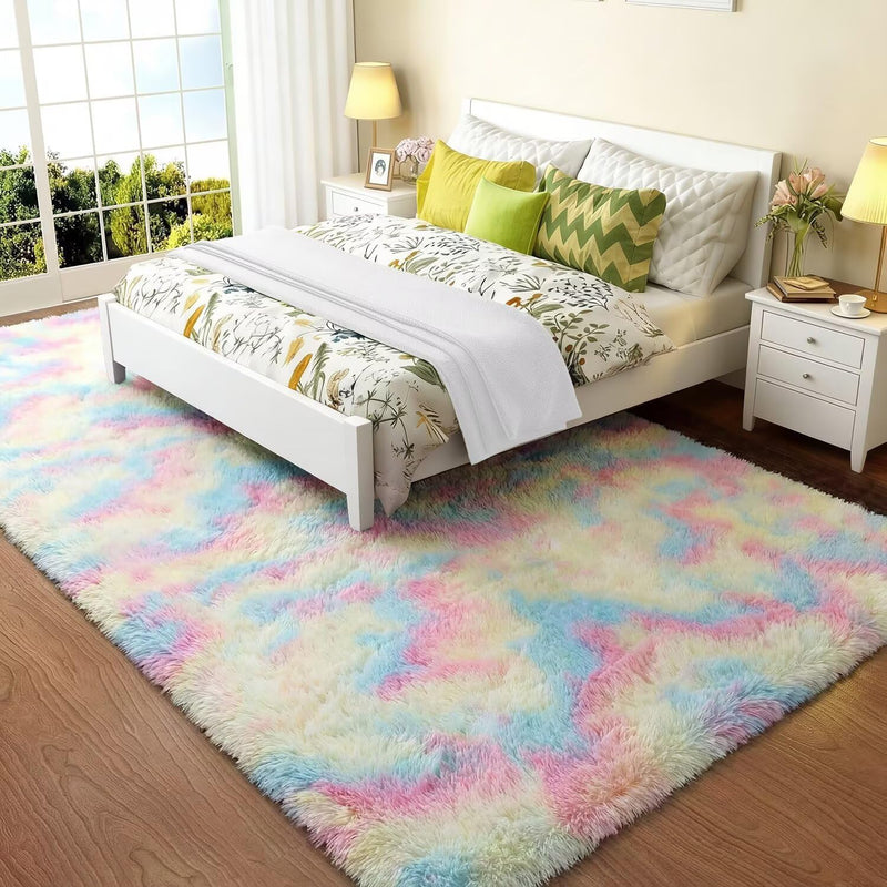 8x10 Feet Shaggy Fuzzy Rug for Kids, Soft Plush Vafodo Fluffy Bedroom Carpet, Nursery Area for Baby, Tie-Dye Rainbow Living Room, Cute Decor for Girls Boys