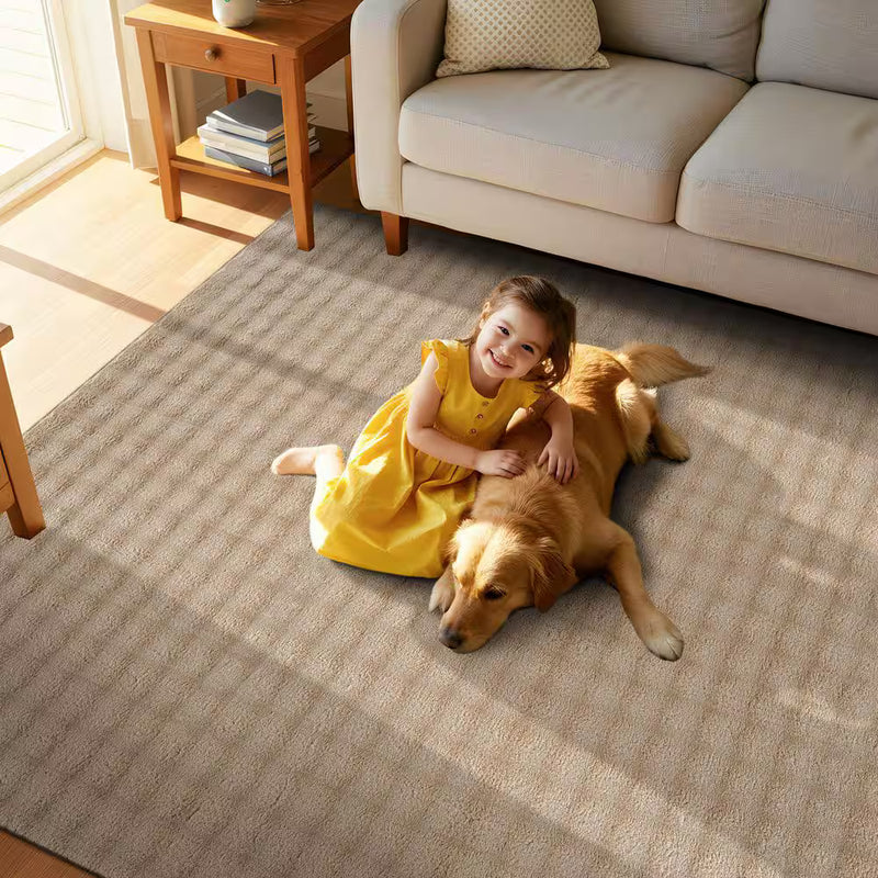 Aurora 8 ft. x 10 ft. Beige Non-Slip Rubber Back Washable Polyester Checker Indoor Area Rug