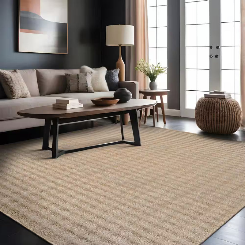 Aurora 8 ft. x 10 ft. Beige Non-Slip Rubber Back Washable Polyester Checker Indoor Area Rug