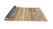 5' x 7' Dark Gold Brown Beige Striped Contemporary Modern Rug staged in a bright living room, demonstrating how the neutral stripes enhance a modern interior space.