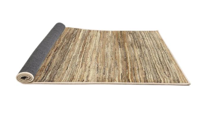 5' x 7' Dark Gold Brown Beige Striped Contemporary Modern Rug staged in a bright living room, demonstrating how the neutral stripes enhance a modern interior space.