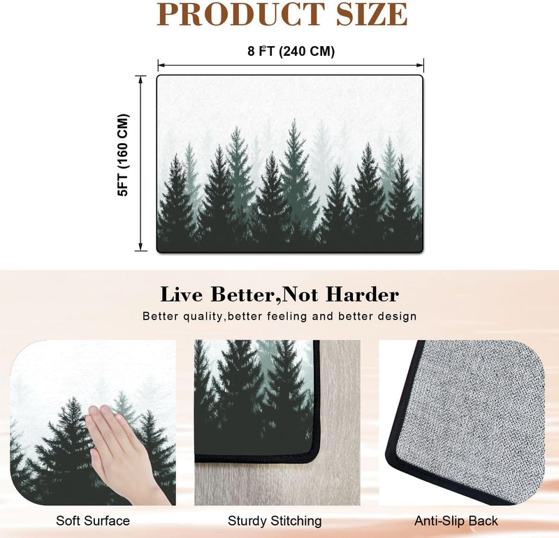 5x8 Washable Forest Nature Landscape Evergreen coniferous Trees Pine Spruce Non-Slip Carpets for Dining Room Soft Rubber Backed Large Area Rug for Bedroom Office