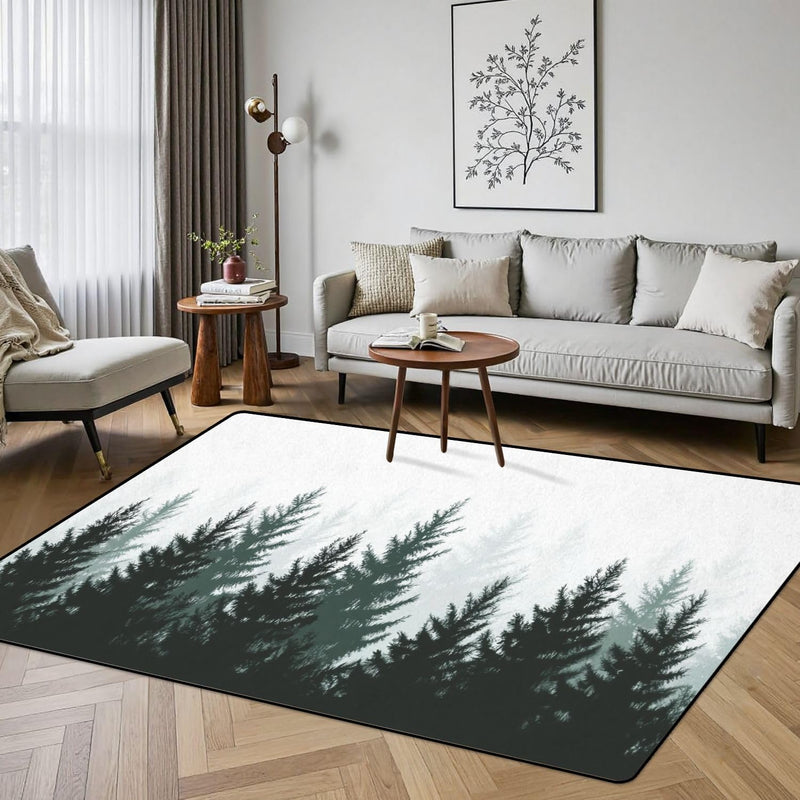5x8 Washable Forest Nature Landscape Evergreen coniferous Trees Pine Spruce Non-Slip Carpets for Dining Room Soft Rubber Backed Large Area Rug for Bedroom Office