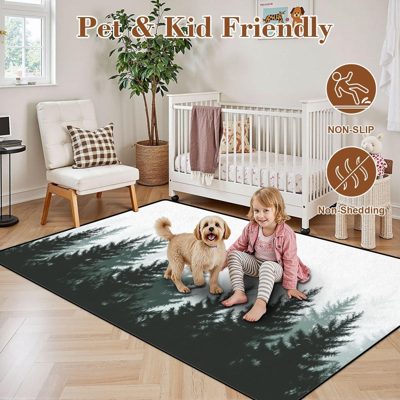 5x8 Washable Forest Nature Landscape Evergreen coniferous Trees Pine Spruce Non-Slip Carpets for Dining Room Soft Rubber Backed Large Area Rug for Bedroom Office