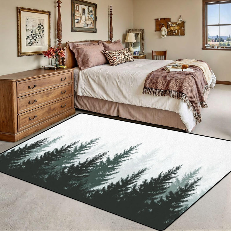 5x8 Washable Forest Nature Landscape Evergreen coniferous Trees Pine Spruce Non-Slip Carpets for Dining Room Soft Rubber Backed Large Area Rug for Bedroom Office