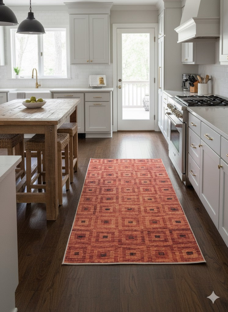 Geometric patterned rug placed in a bright modern kitchen with white cabinetry and dark wood flooring.