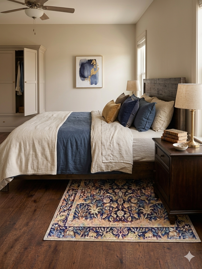 3' x 5' Rectangular Navy Beige Floral Traditional Area Rug