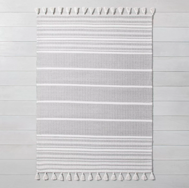 Size 5' x 7' Hand Made Color Jet Gray Pick Stitch Textured Stripe with Tassel Rug Jet Gray