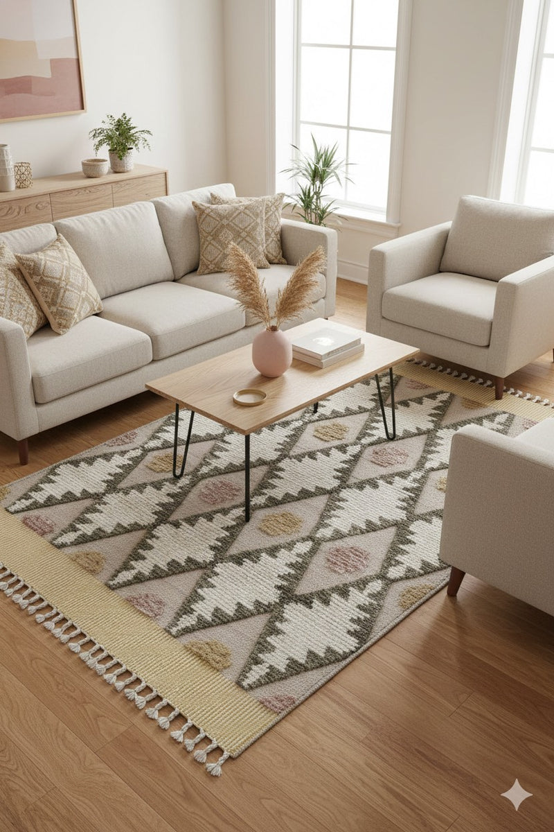 5'X7' Color Cream Diamond Hand Made Tufted Rug