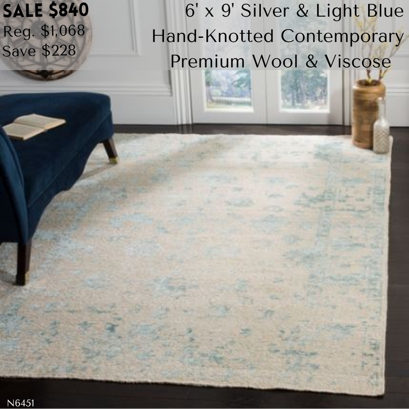 6' x 9' Silver / Light Blue Design Hand Knotted Hand Made Wool, Viscose Centennial Collection Area Rug