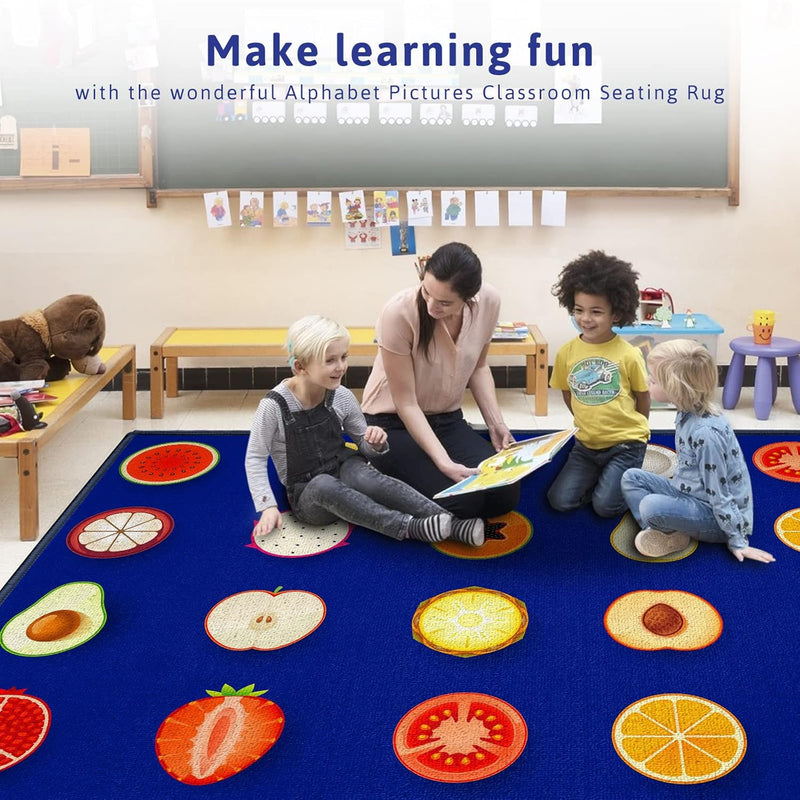 Classroom Carpet Fruit Classroom Rug with 24Seats Blue Area Rug for Classroom Sensory Rugs for School Learning and Reading Teacher Rugs for Classroom Elementary-7'5"x13'(Sg24S-4023)