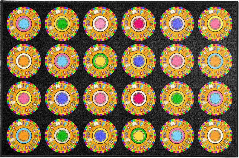 6'5"x10' Black 24 Circle Classroom Learning Seating Rug
