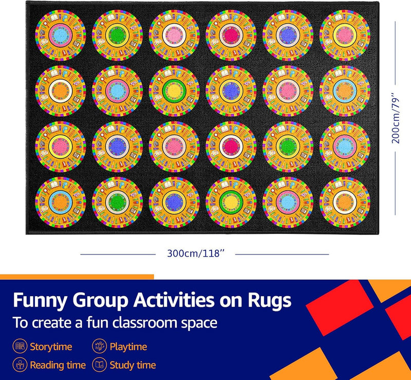 6'5"x10' Black 24 Circle Classroom Learning Seating Rug