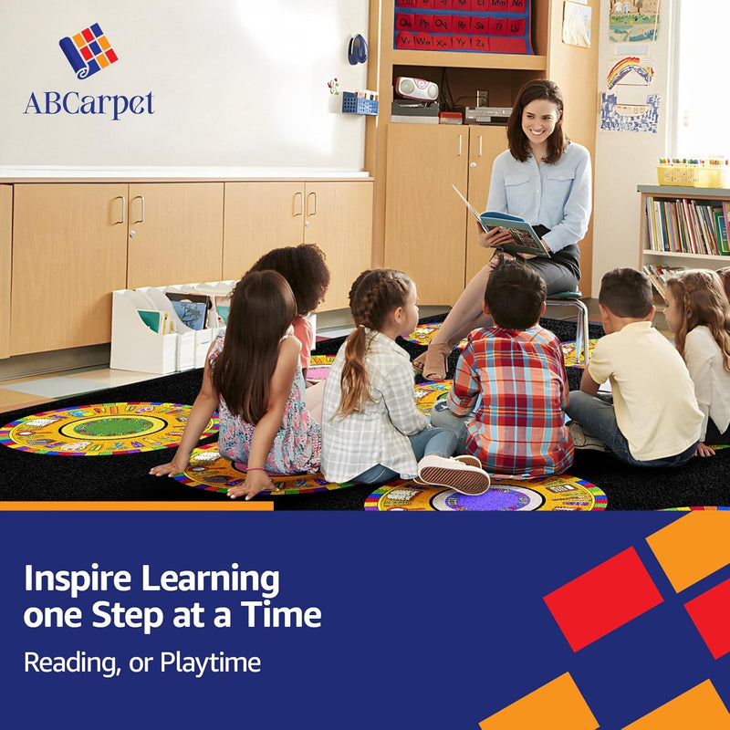 6'5"x10' Black 24 Circle Classroom Learning Seating Rug