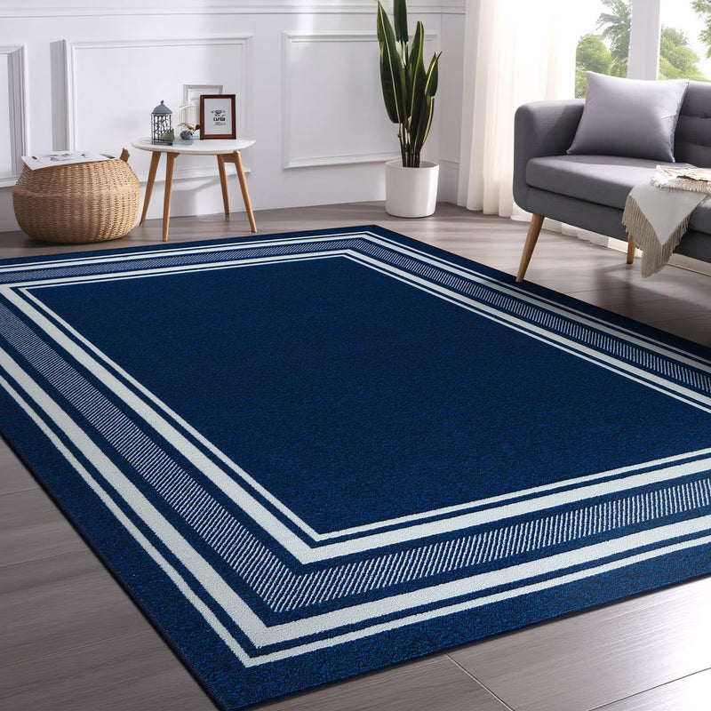 8' x 10' Navy Modern Bordered Non Skid Rubber Backing Soft Area Rug for Living Dining Room Easy to Clean Non Shedding Kitchen Bedroom Indoor Carpet