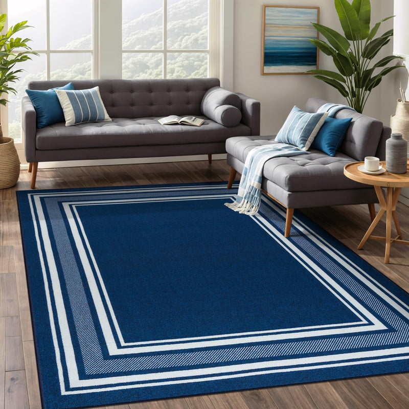 8' x 10' Navy Modern Bordered Non Skid Rubber Backing Soft Area Rug for Living Dining Room Easy to Clean Non Shedding Kitchen Bedroom Indoor Carpet