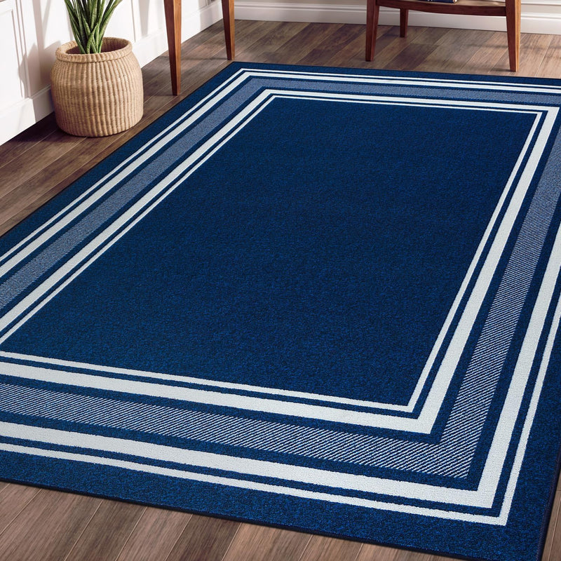 8' x 10' Navy Modern Bordered Non Skid Rubber Backing Soft Area Rug for Living Dining Room Easy to Clean Non Shedding Kitchen Bedroom Indoor Carpet
