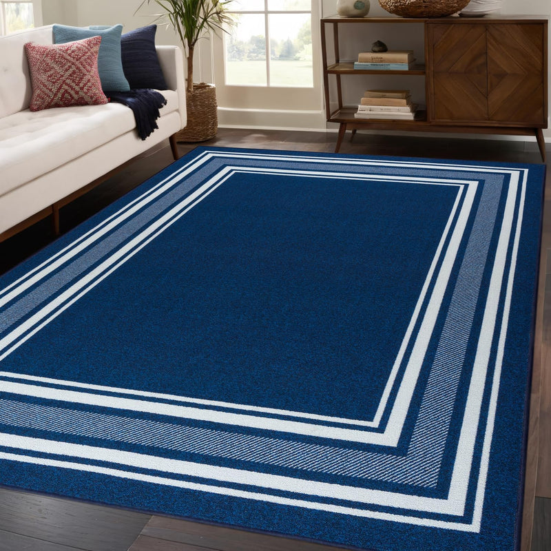 8' x 10' Navy Modern Bordered Non Skid Rubber Backing Soft Area Rug for Living Dining Room Easy to Clean Non Shedding Kitchen Bedroom Indoor Carpet