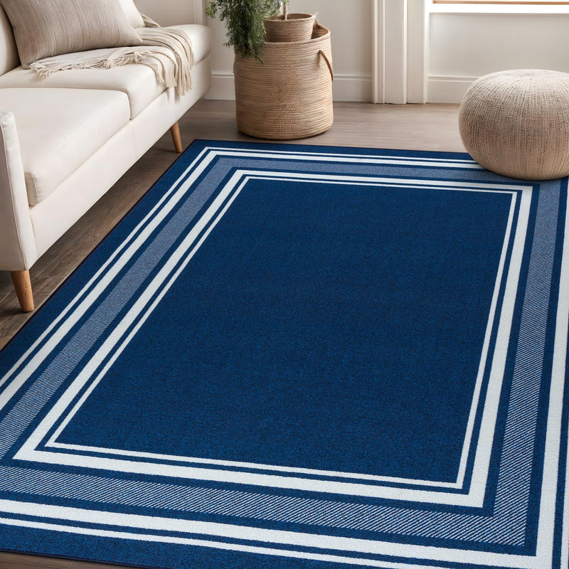 8' x 10' Navy Modern Bordered Non Skid Rubber Backing Soft Area Rug for Living Dining Room Easy to Clean Non Shedding Kitchen Bedroom Indoor Carpet
