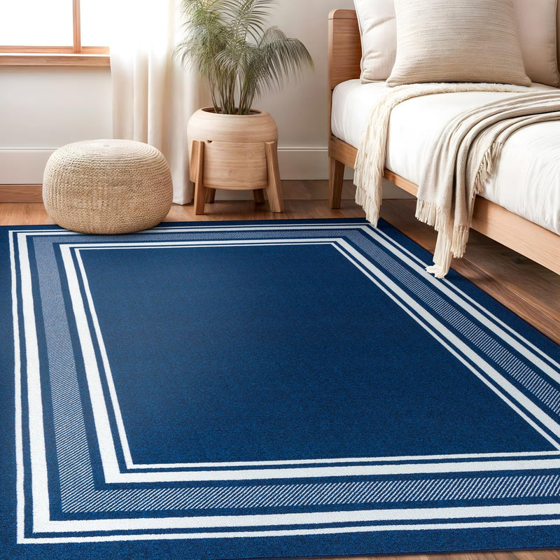 8' x 10' Navy Modern Bordered Non Skid Rubber Backing Soft Area Rug for Living Dining Room Easy to Clean Non Shedding Kitchen Bedroom Indoor Carpet