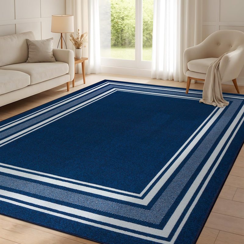 8' x 10' Navy Modern Bordered Non Skid Rubber Backing Soft Area Rug for Living Dining Room Easy to Clean Non Shedding Kitchen Bedroom Indoor Carpet