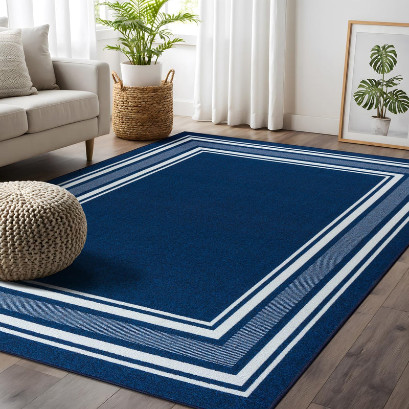 8' x 10' Navy Modern Bordered Non Skid Rubber Backing Soft Area Rug for Living Dining Room Easy to Clean Non Shedding Kitchen Bedroom Indoor Carpet