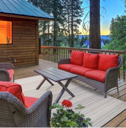 8' x 10' Beige Striped Indoor-Outdoor Rug, Outside Carpet for Patio, Deck, Porch Beverly Rug