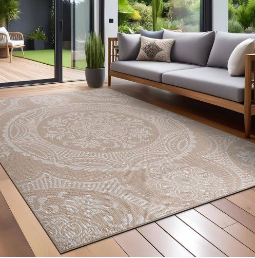 5 ft. x 7 ft. Beige/White Medallion Indoor/Outdoor Area Rug