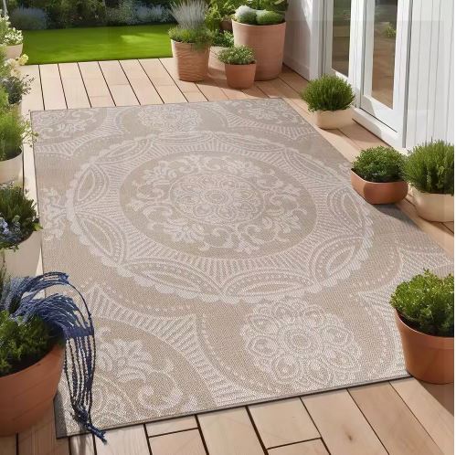 5 ft. x 7 ft. Beige/White Medallion Indoor/Outdoor Area Rug