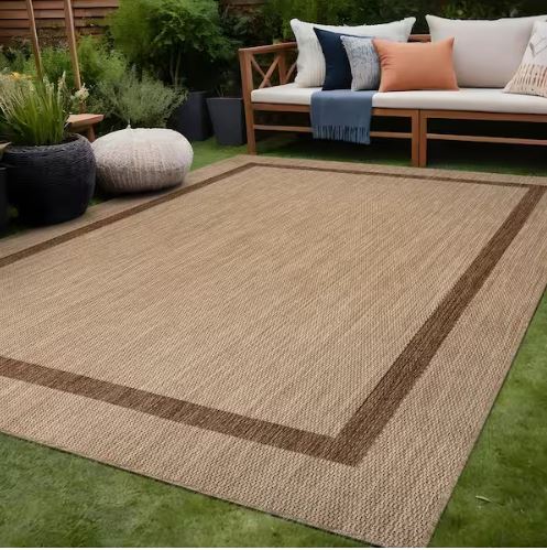 6 ft. x 9 ft. Beige/Brown Bordered Indoor Outdoor Area Rug