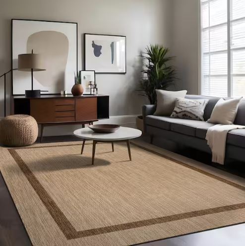 6 ft. x 9 ft. Beige/Brown Bordered Indoor Outdoor Area Rug