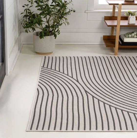 5' x 7.6', Dark Gray/Cream, Mid-Century Modern Curve Stripe Reversible Machine-Washable Indoor/Outdoor Area Rug