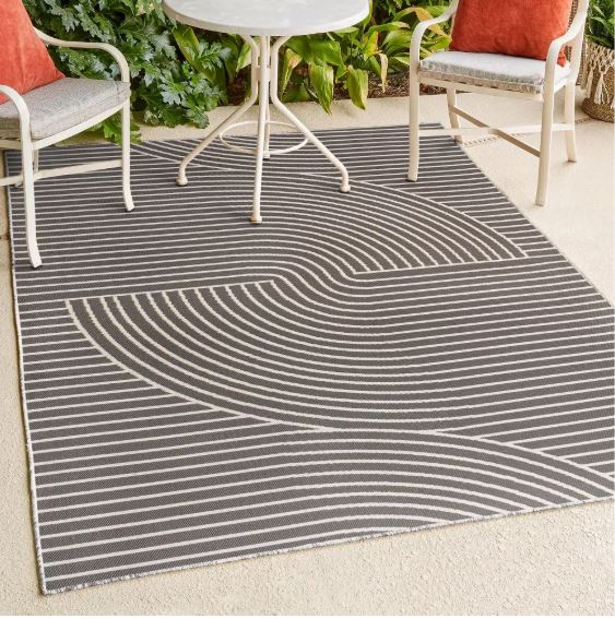 5' x 7.6', Dark Gray/Cream, Mid-Century Modern Curve Stripe Reversible Machine-Washable Indoor/Outdoor Area Rug