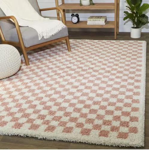 5' x 7' Blush & Ivory, Soft Cream Checkerboard Textured Rectangular Area Rug