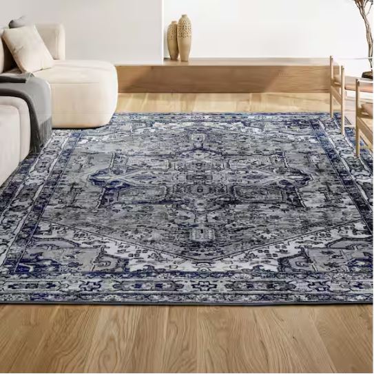 Modern Persian Vintage Grey/Navy 8 ft. x 10 ft. Medallion Light Area Rug